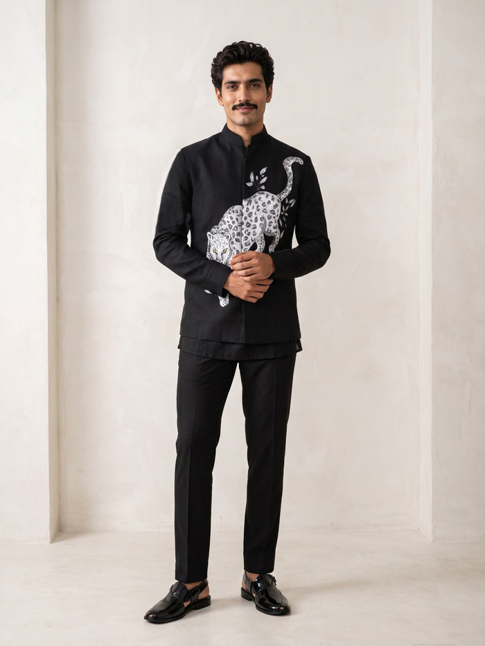 Black Hand-Painted Leopard Embroidered Linen Bandi Shirt - KORANM