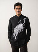 Black Hand-Painted Leopard Embroidered Linen Bandi Shirt