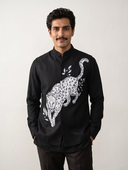 Black Hand-Painted Leopard Embroidered Linen Bandi Shirt