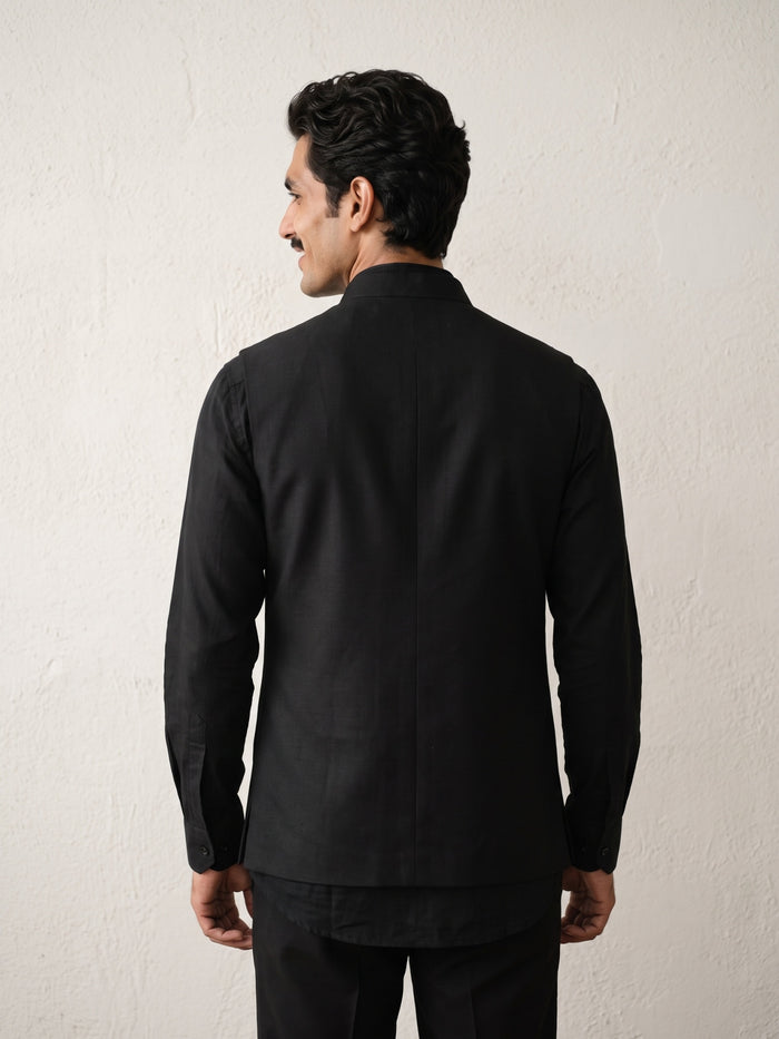 Black Hand-Painted Leopard Embroidered Linen Bandi Shirt - KORANM