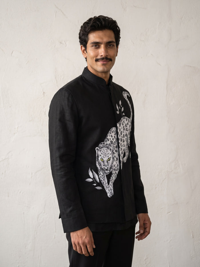 Black Hand-Painted Leopard Embroidered Linen Bandi Shirt - KORANM