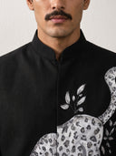 Black Hand-Painted Leopard Embroidered Linen Bandi Shirt