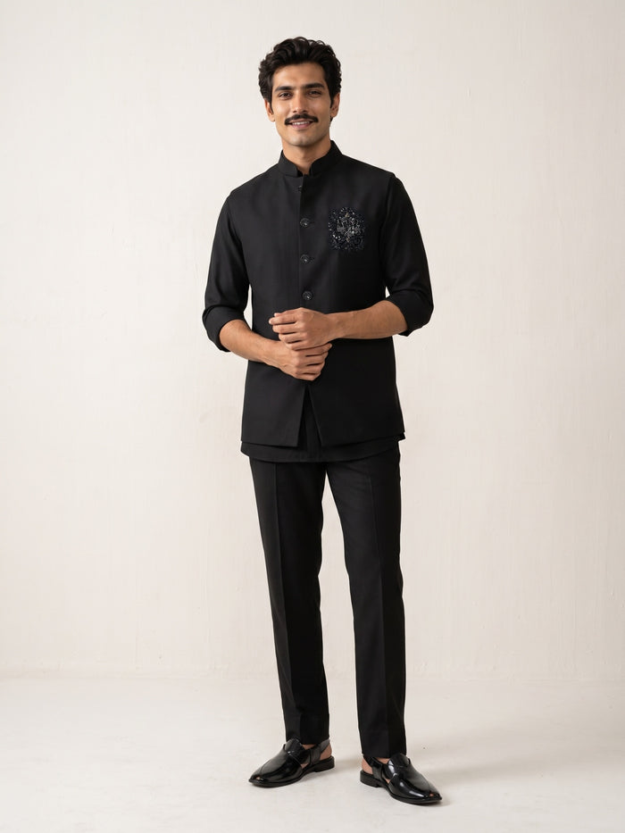 Black Terry Rayon Hand Work Bandi with Chinese Collar Shirt. - KORANM