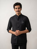 Black Terry Rayon Hand Work Bandi with Chinese Collar Shirt.