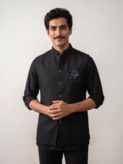 Black Terry Rayon Hand Work Bandi with Chinese Collar Shirt.
