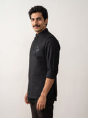 Black Terry Rayon Hand Work Bandi with Chinese Collar Shirt.