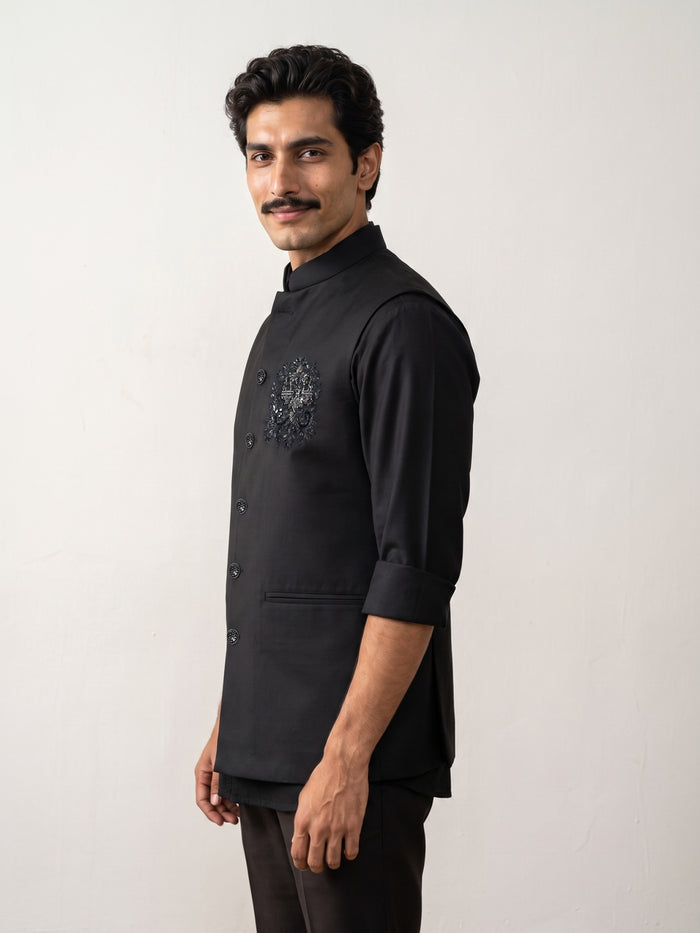 Black Terry Rayon Hand Work Bandi with Chinese Collar Shirt. - KORANM