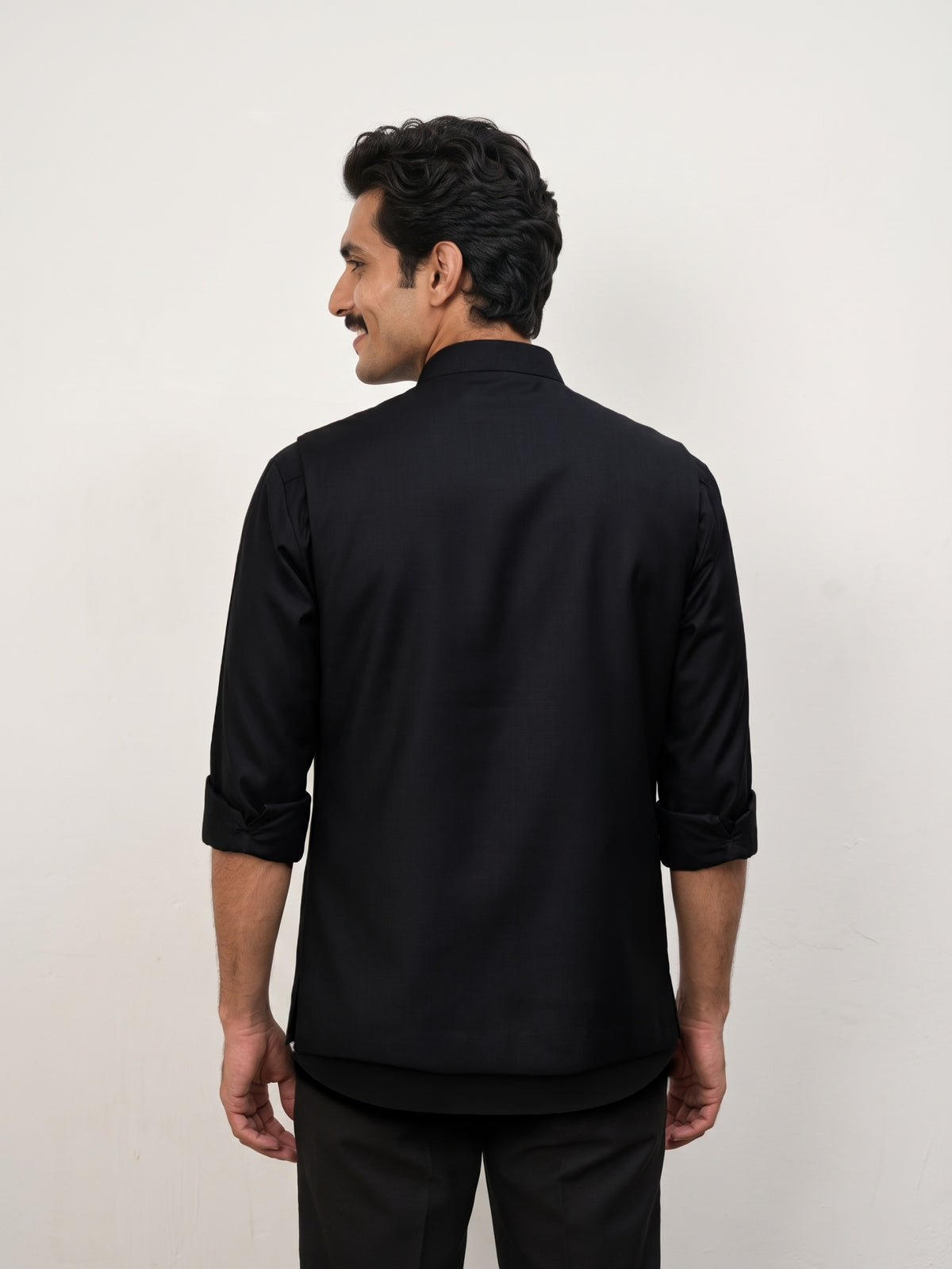 Black Terry Rayon Hand Work Bandi with Chinese Collar Shirt. - KORANM