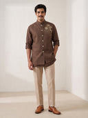 Dark Brown Linen Bandi Shirt with Gold Floral Handwork