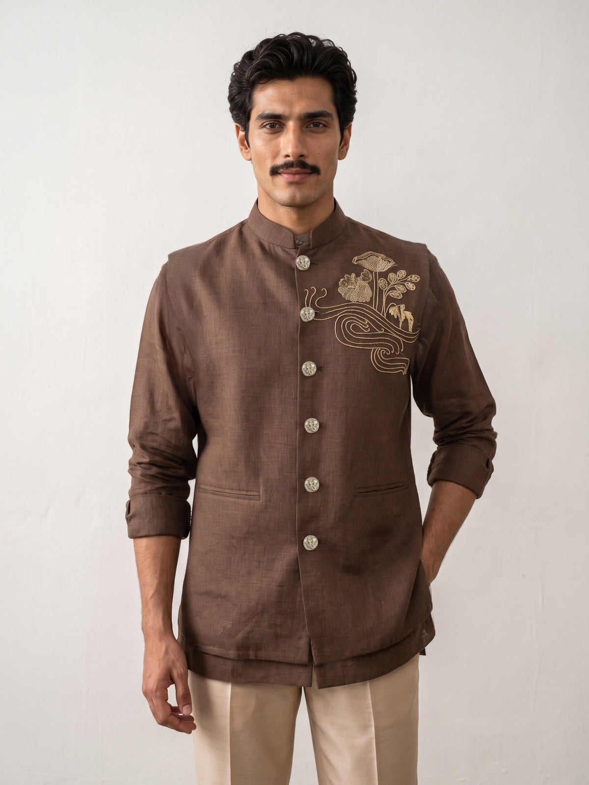 Dark Brown Linen Bandi Shirt with Gold Floral Handwork