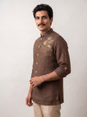 Dark Brown Linen Bandi Shirt with Gold Floral Handwork