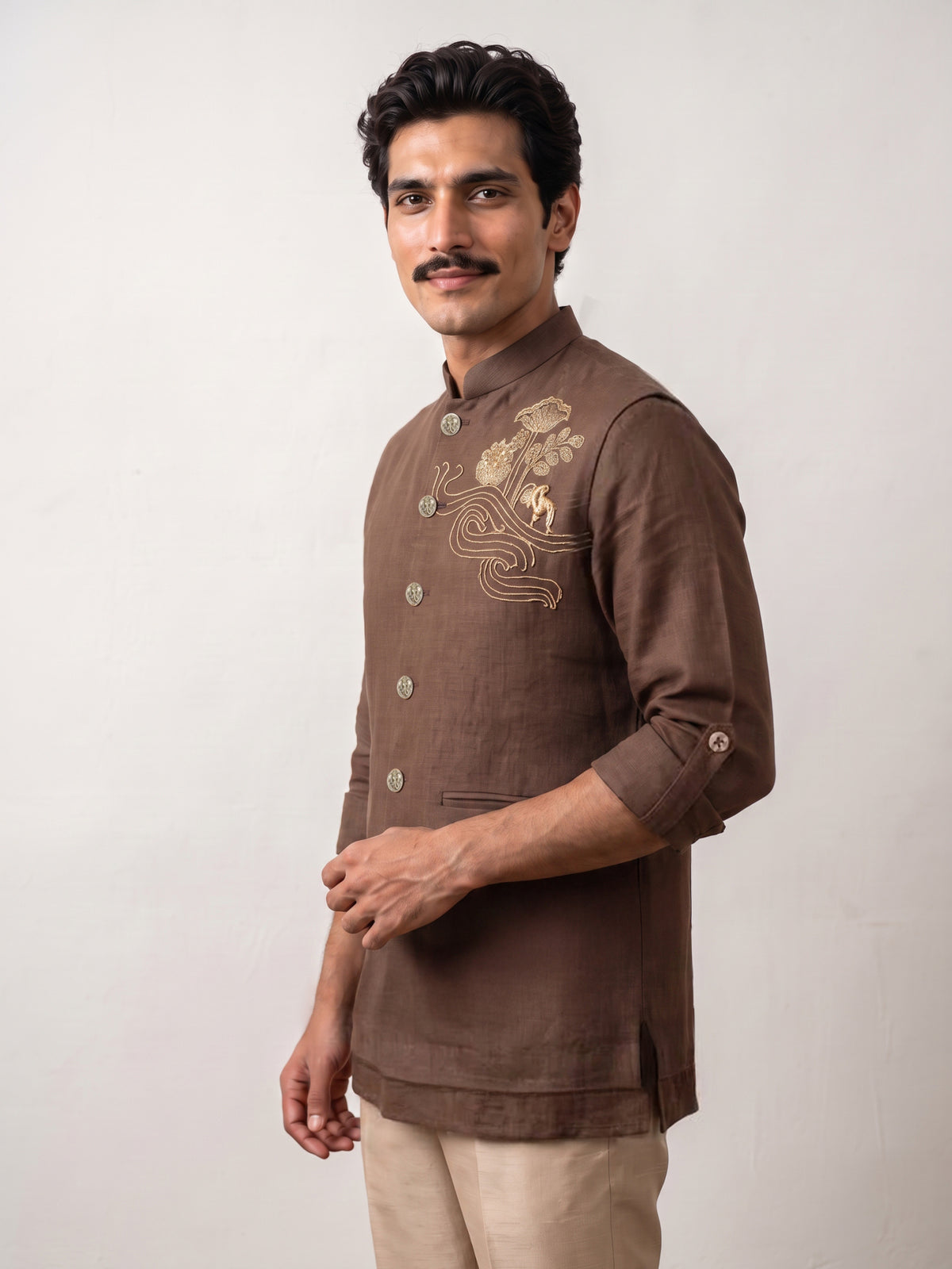 Dark Brown Linen Bandi Shirt with Gold Floral Handwork