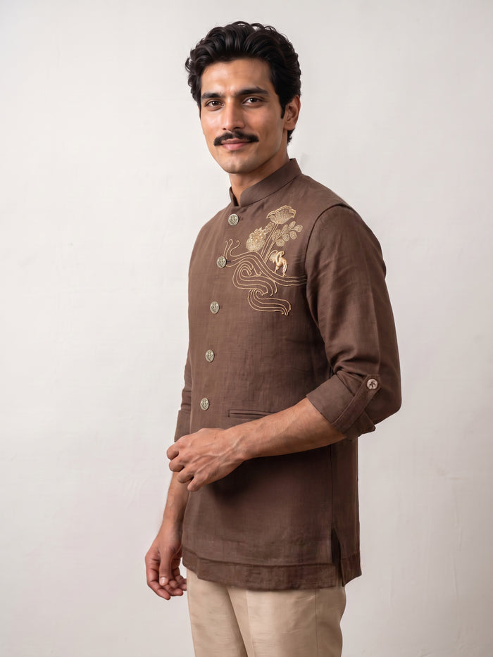 Dark Brown Linen Bandi Shirt with Gold Floral Handwork