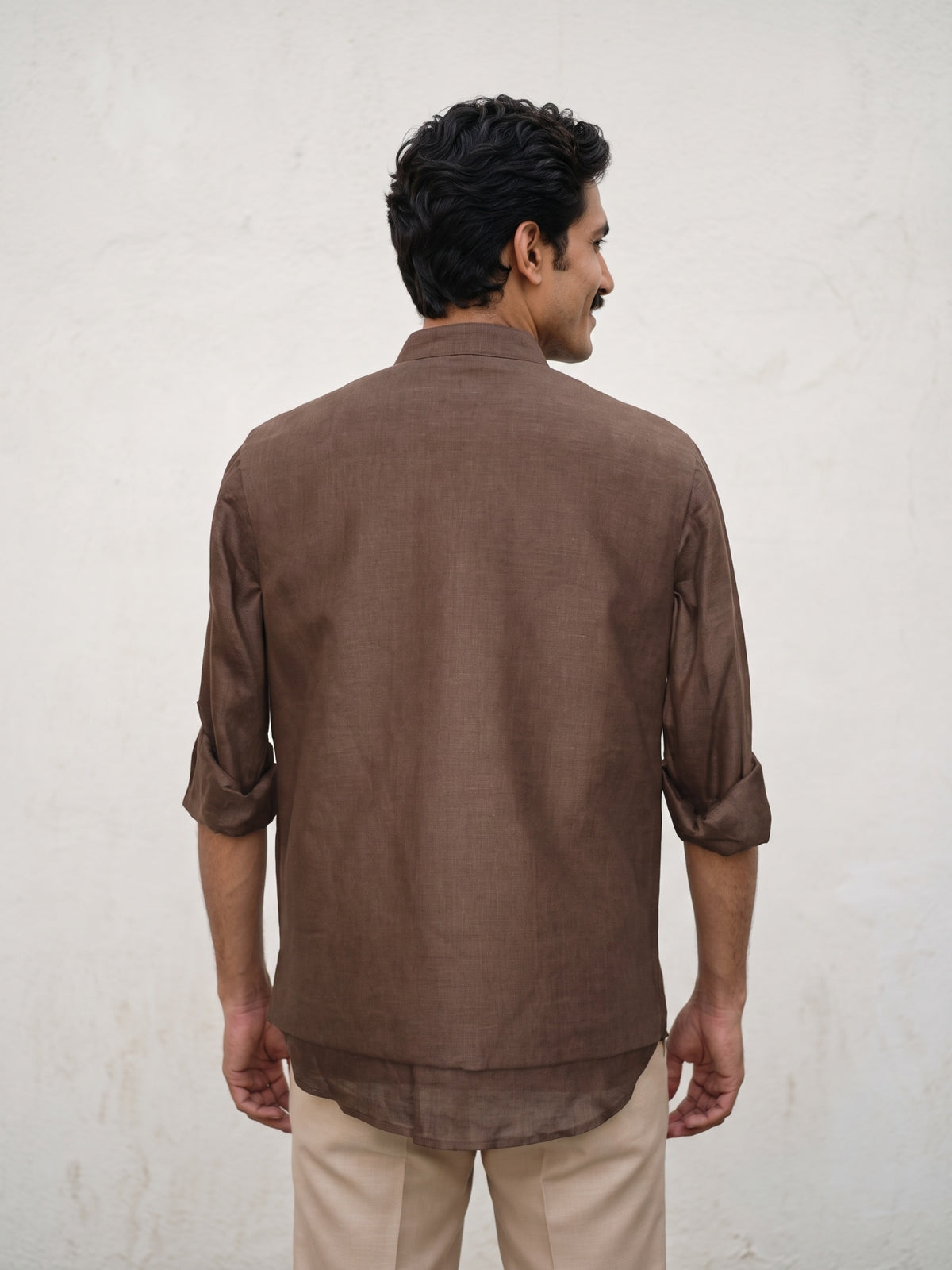 Dark Brown Linen Bandi Shirt with Gold Floral Handwork