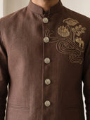 Dark Brown Linen Bandi Shirt with Gold Floral Handwork