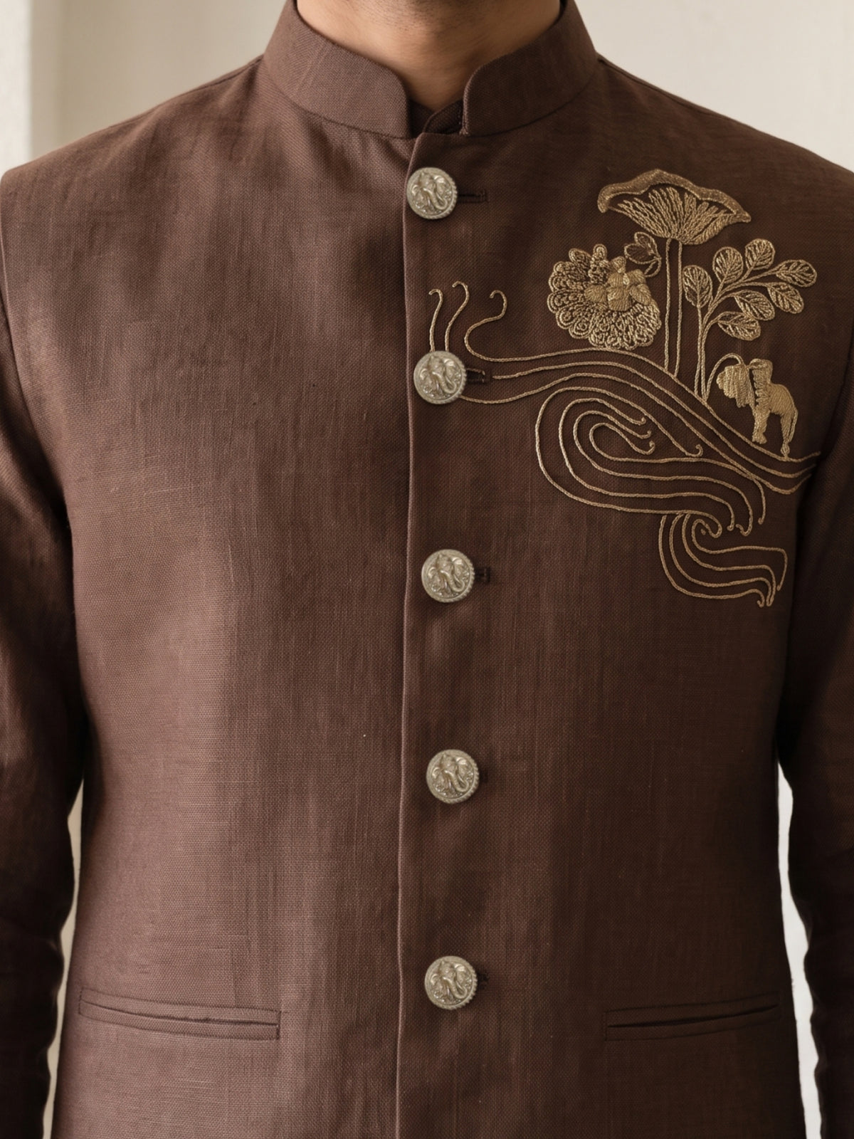 Dark Brown Linen Bandi Shirt with Gold Floral Handwork