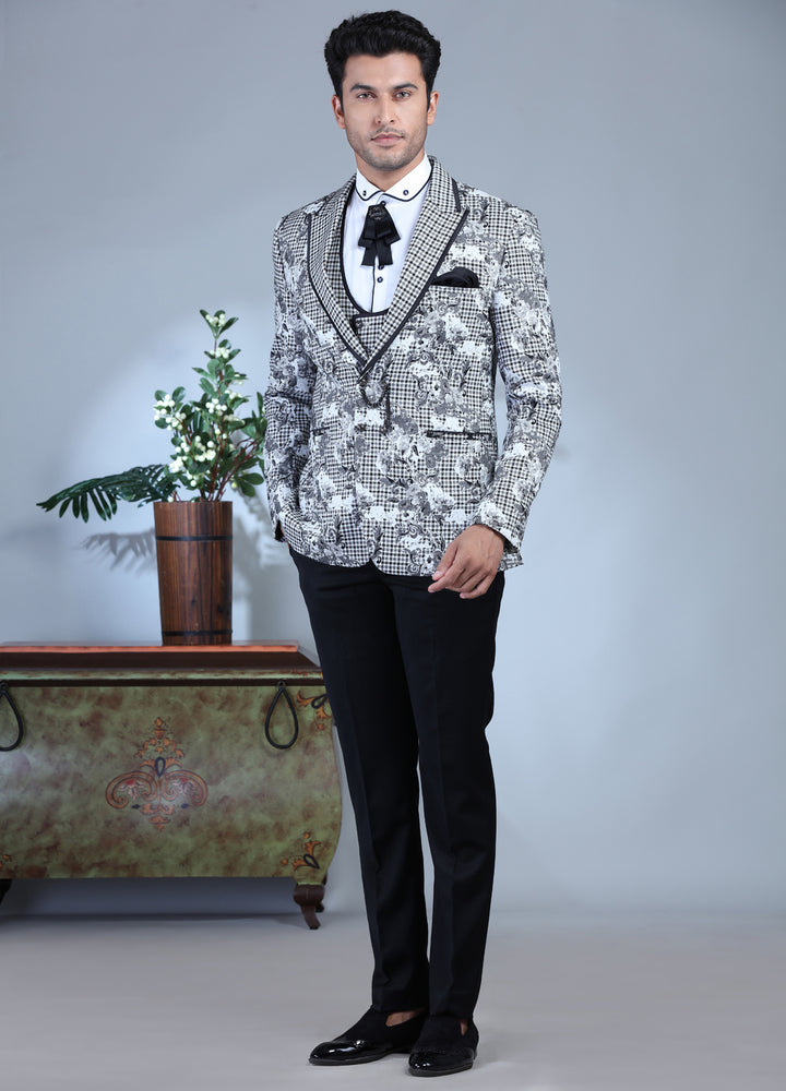 Black And White Printed Tuxedo Suit