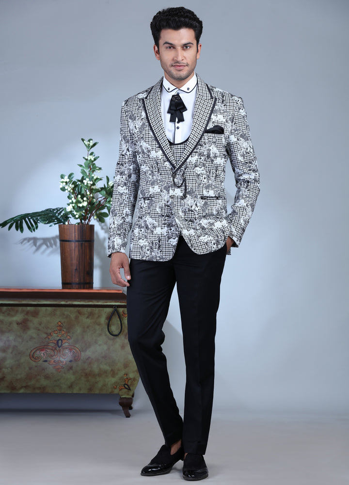 Black And White Printed Tuxedo Suit