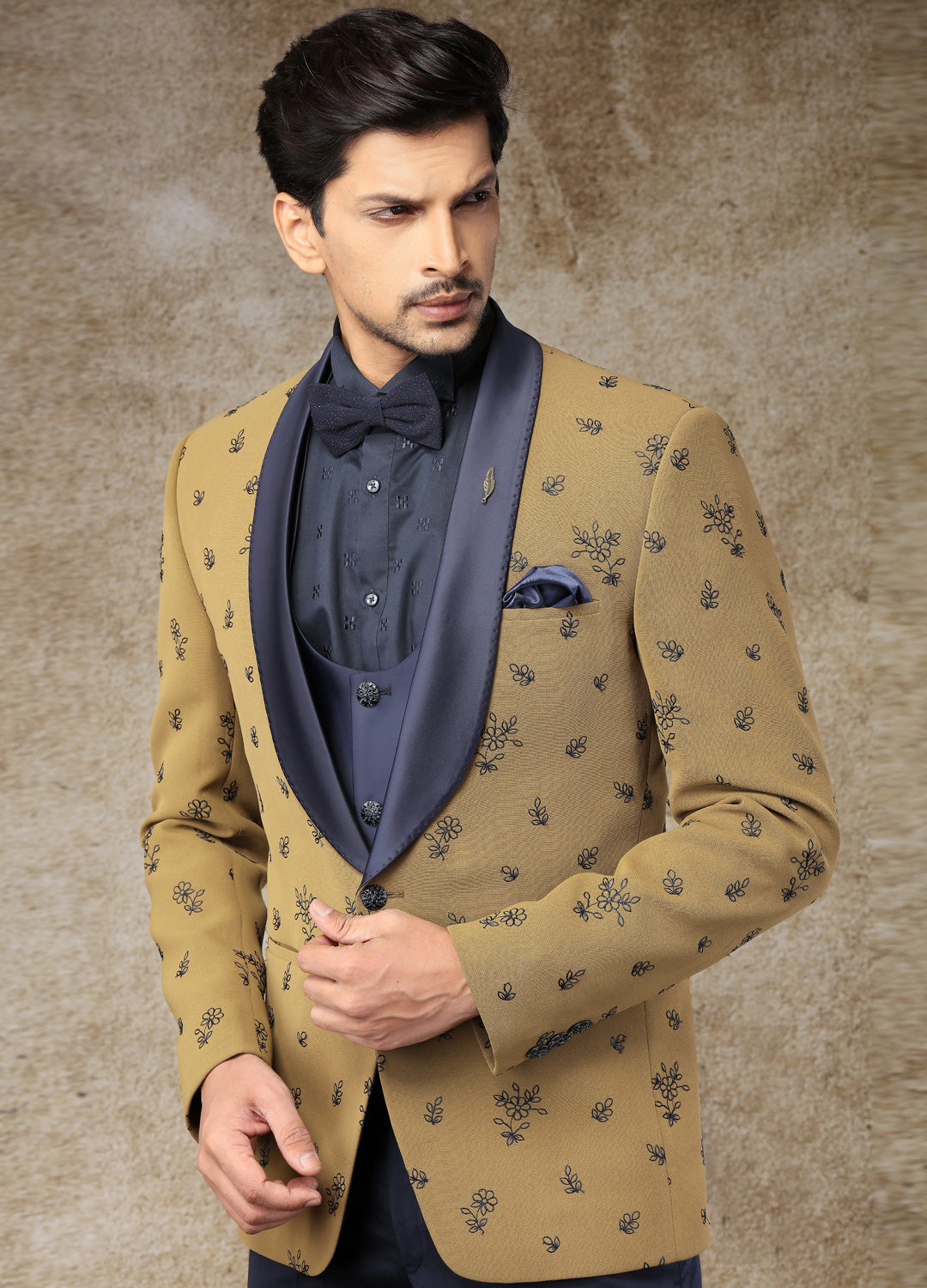 Navy Blue And Mustard Embroidered Tuxedo Set