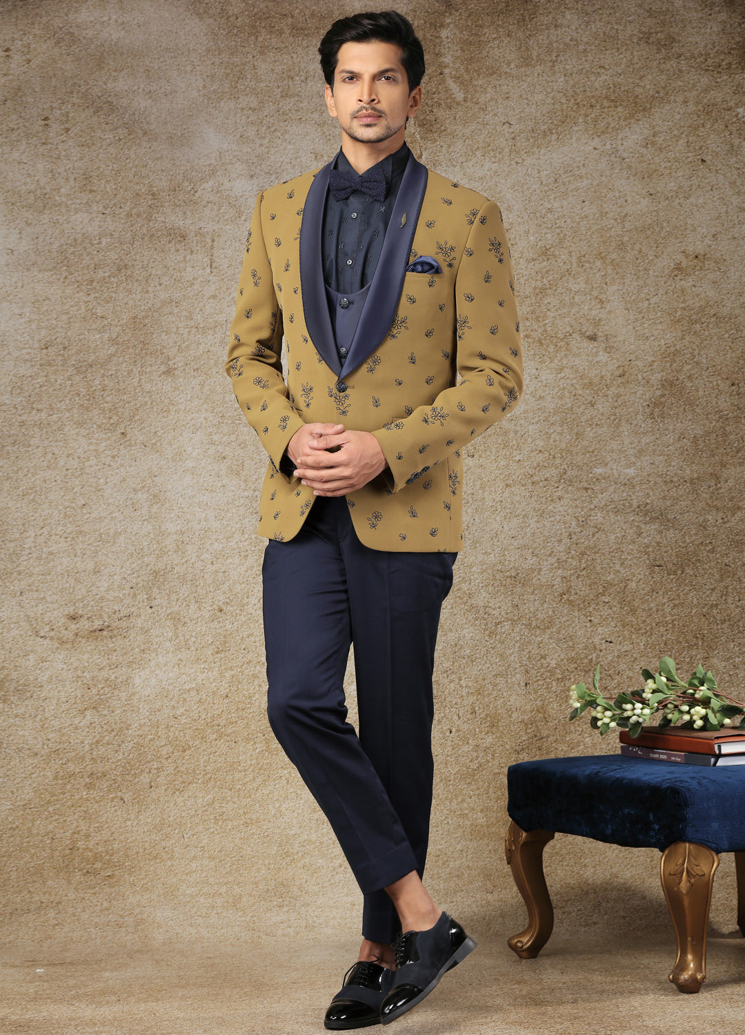 Navy Blue And Mustard Embroidered Tuxedo Set