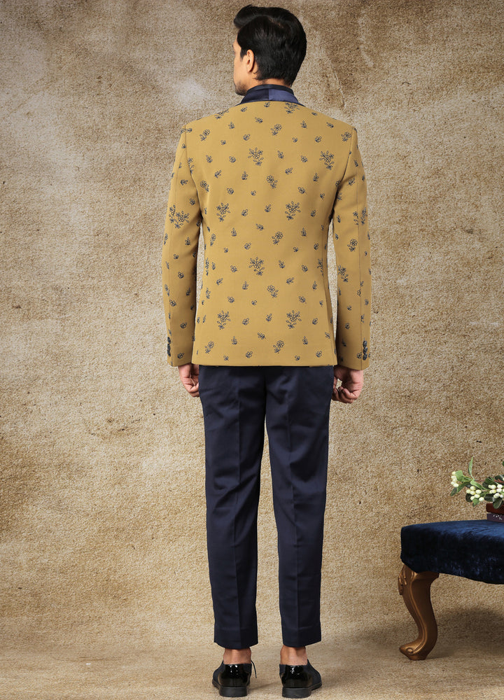 Navy Blue And Mustard Embroidered Tuxedo Set
