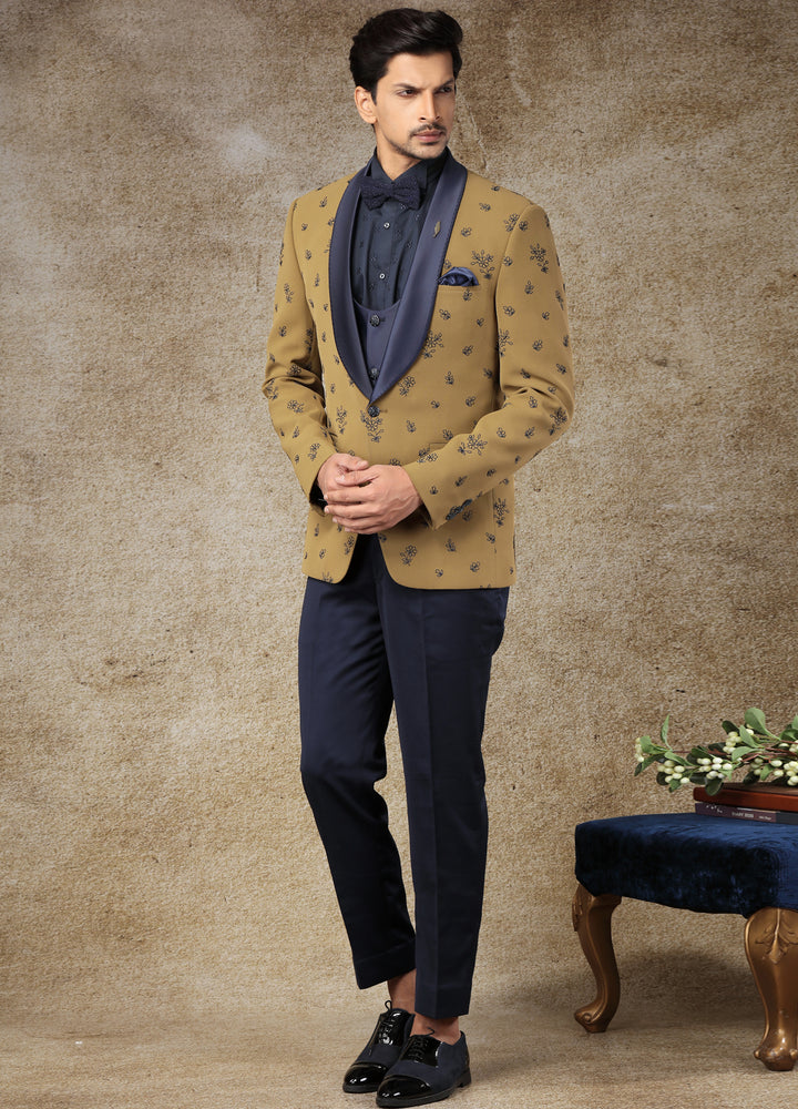 Navy Blue And Mustard Embroidered Tuxedo Set