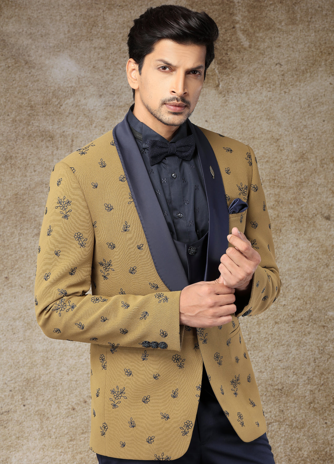 Navy Blue And Mustard Embroidered Tuxedo Set