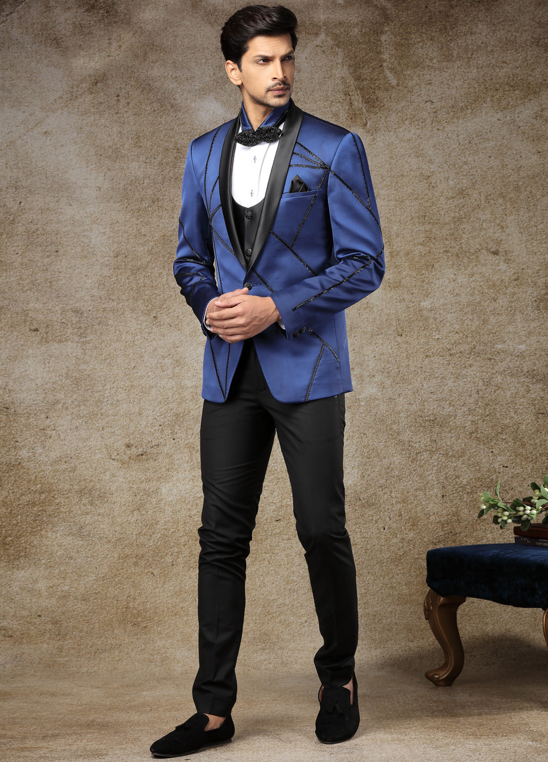 Cobalt Blue Embroidered Tuxedo Set