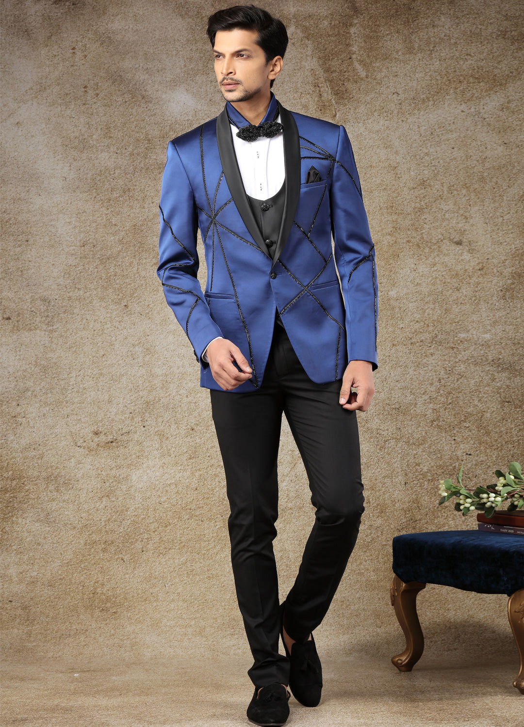 Cobalt Blue Embroidered Tuxedo Set
