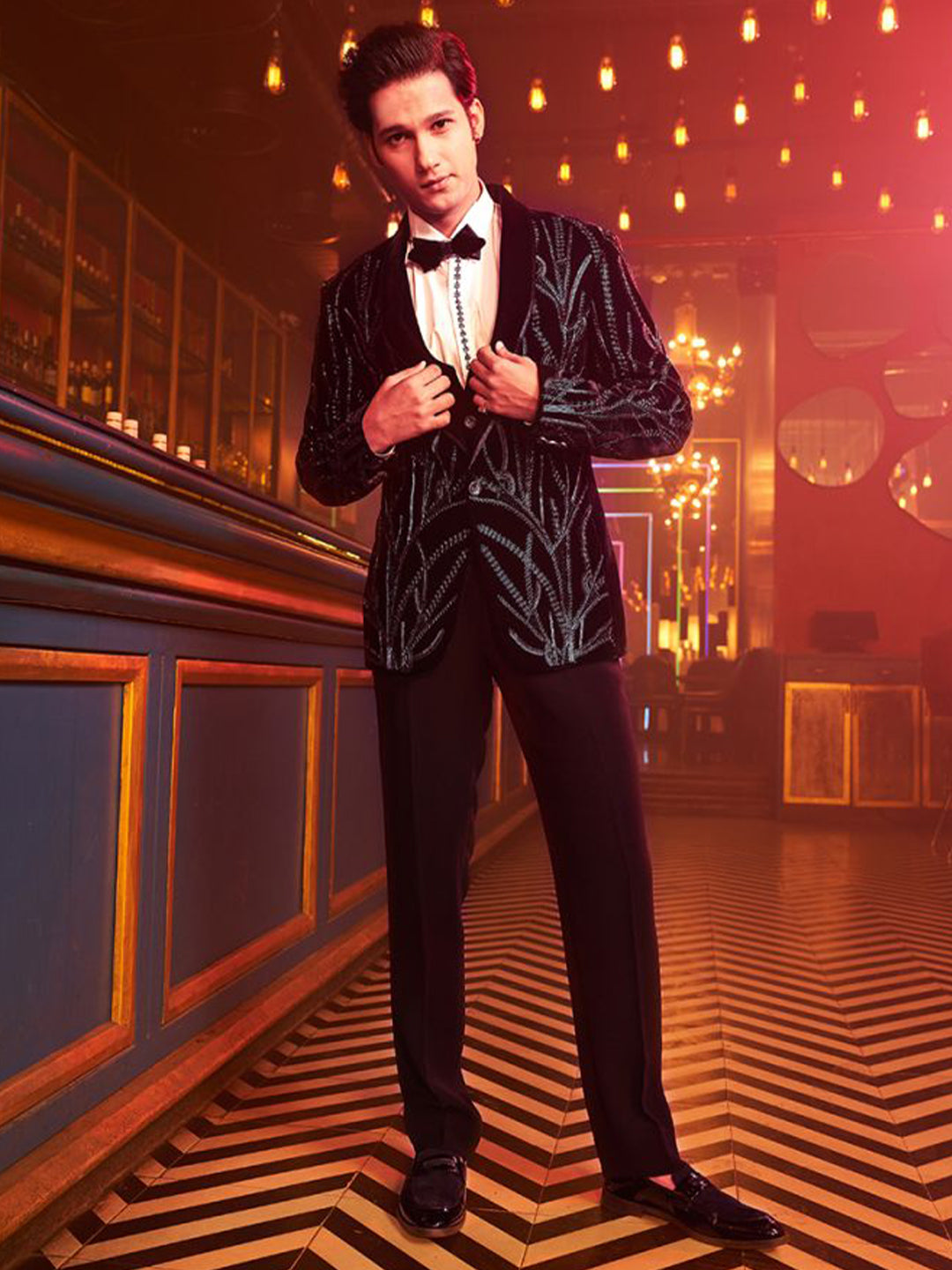 Navy Blue Glimmer Embroidered Cocktail Tuxedo