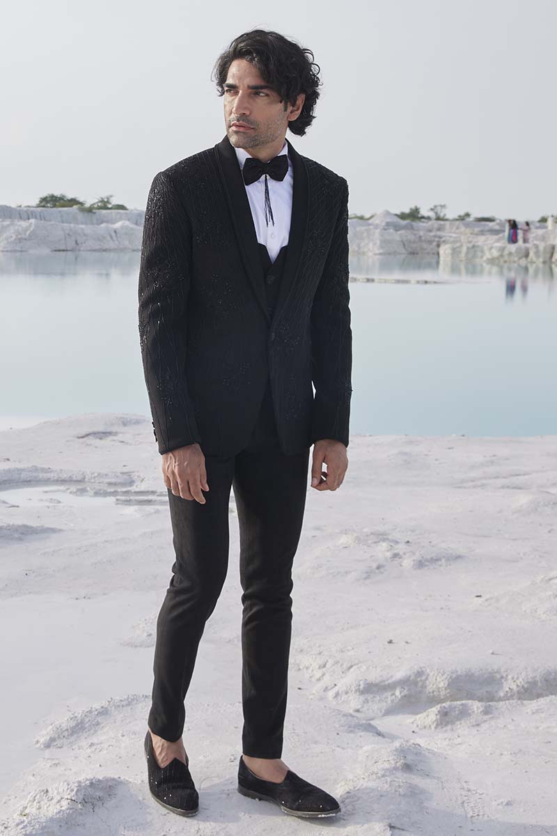 Black and White Embroidered tuxedo Suit Set
