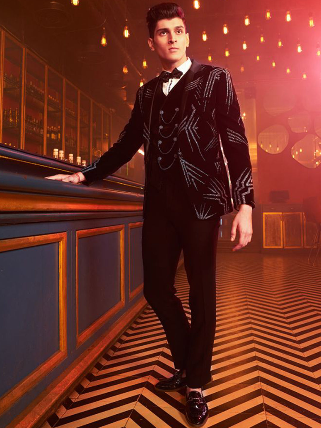 Raven Black Abstract Embroidered Cocktail Tuxedo Suit