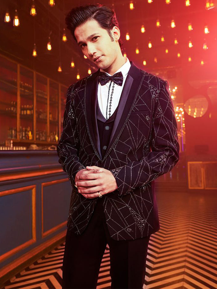Navy Blue Abstract Embroidered Cocktail Tuxedo