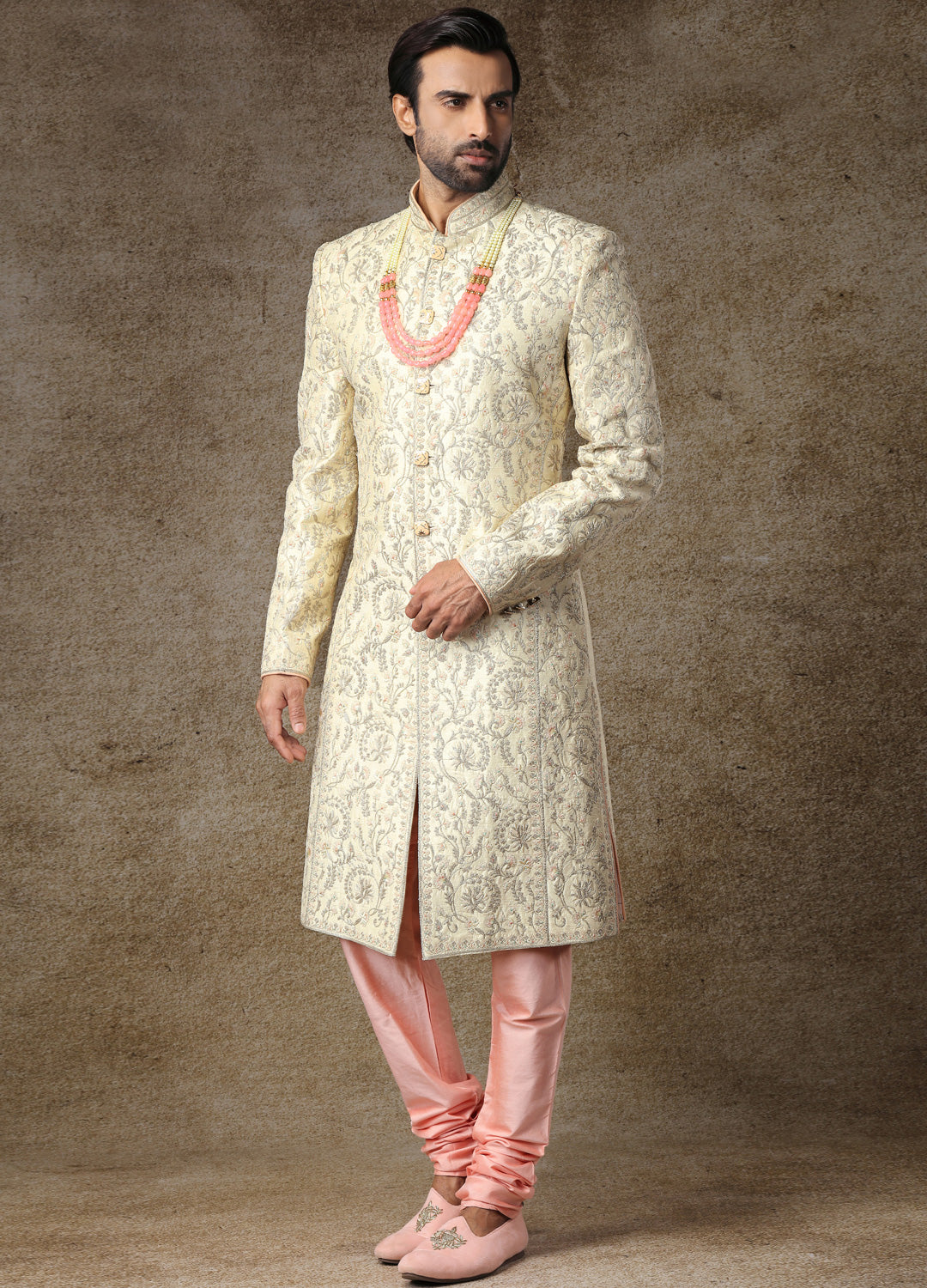 Crystal Cream Embroidered Sherwani Set