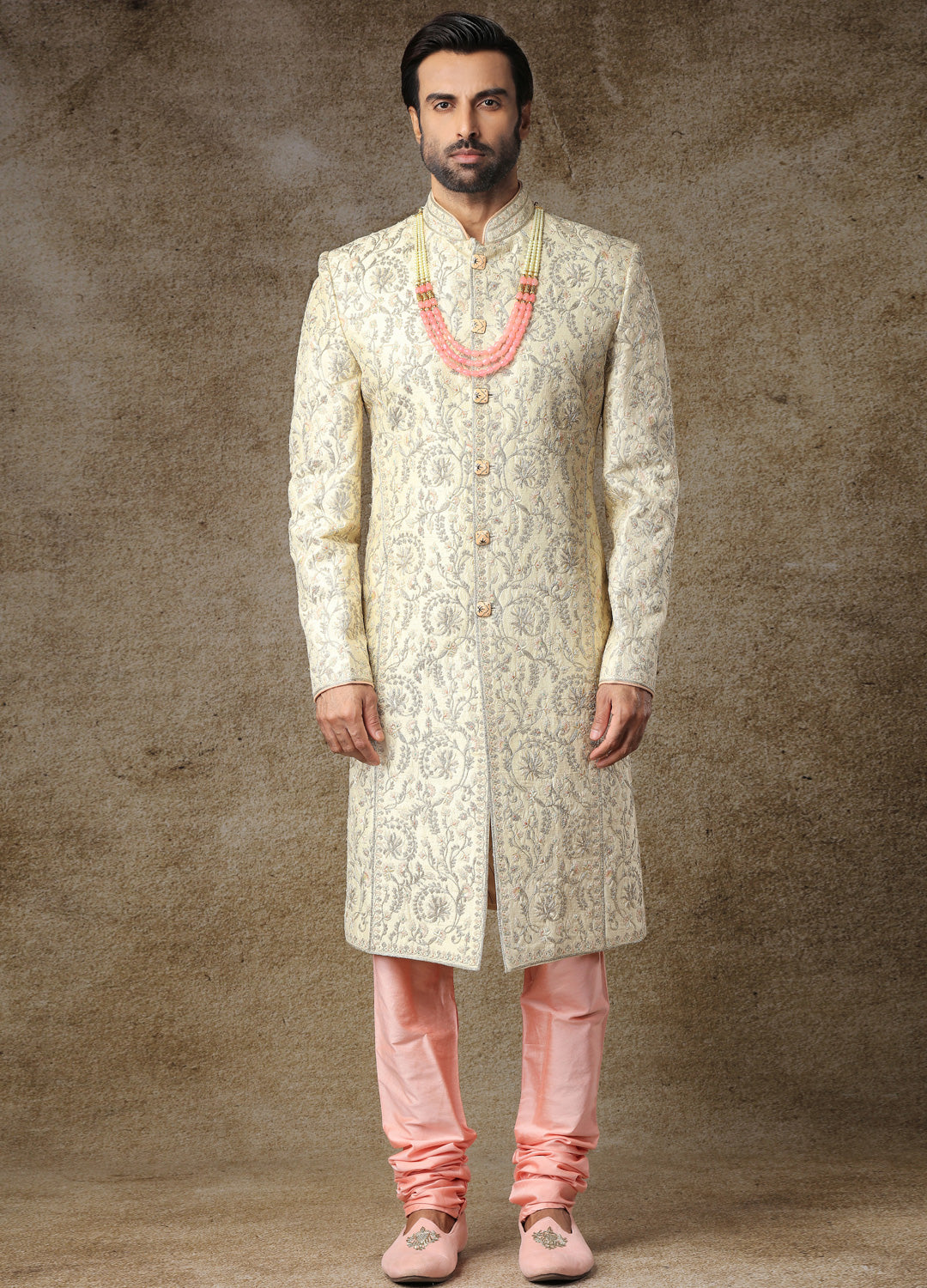 Crystal Cream Embroidered Sherwani Set