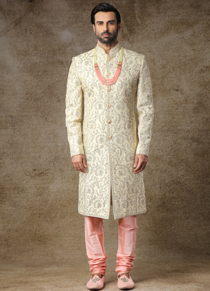 Crystal Cream Embroidered Sherwani Set