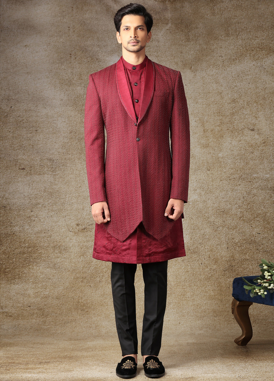 Wine Lucknowi Indo-Western Sherwani Kurta Set