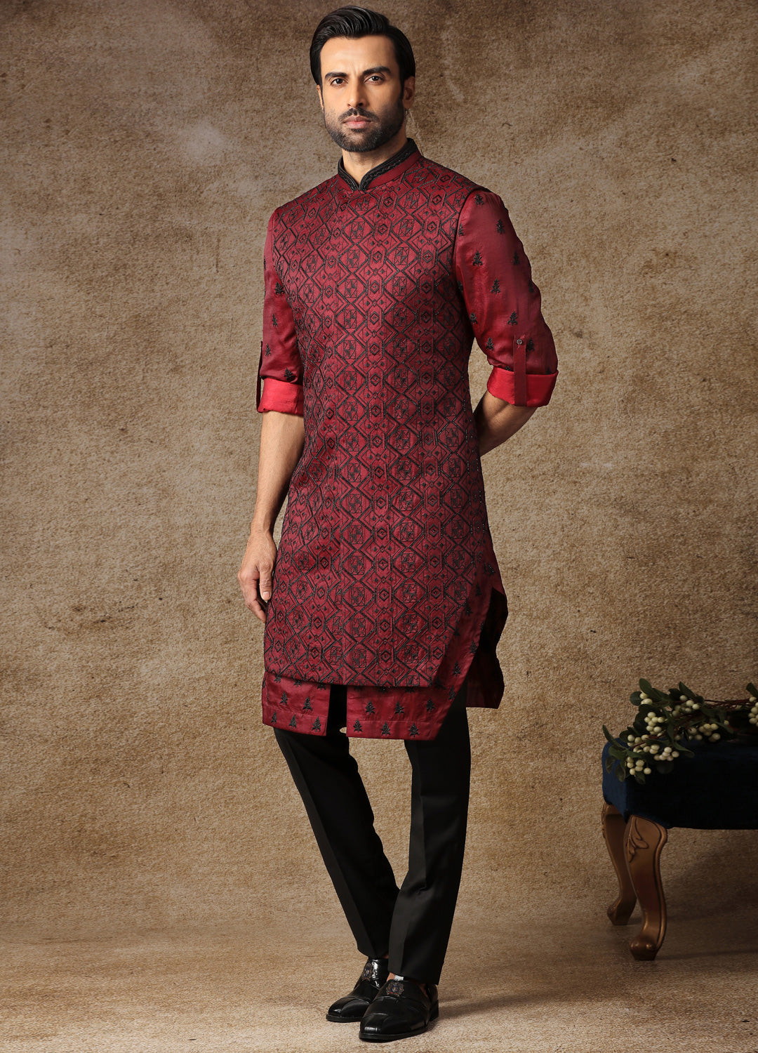 Wine Embroidered Kurta Alika Set
