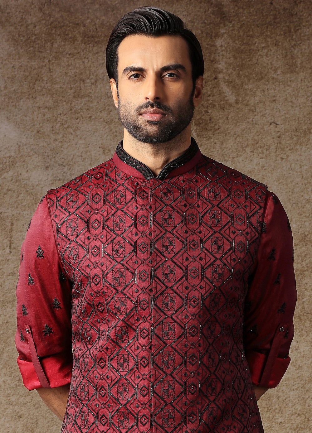 Wine Embroidered Kurta Alika Set