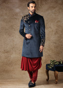 Maroon And Ink Blue Indo-Western Kurta Sherwani Set