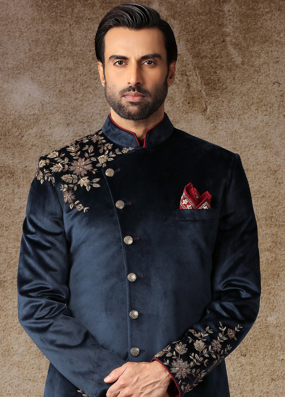 Maroon And Ink Blue Indo-Western Kurta Sherwani Set
