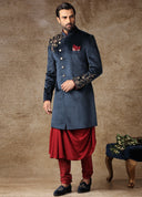 Maroon And Ink Blue Indo-Western Kurta Sherwani Set