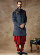 Maroon And Ink Blue Indo-Western Kurta Sherwani Set