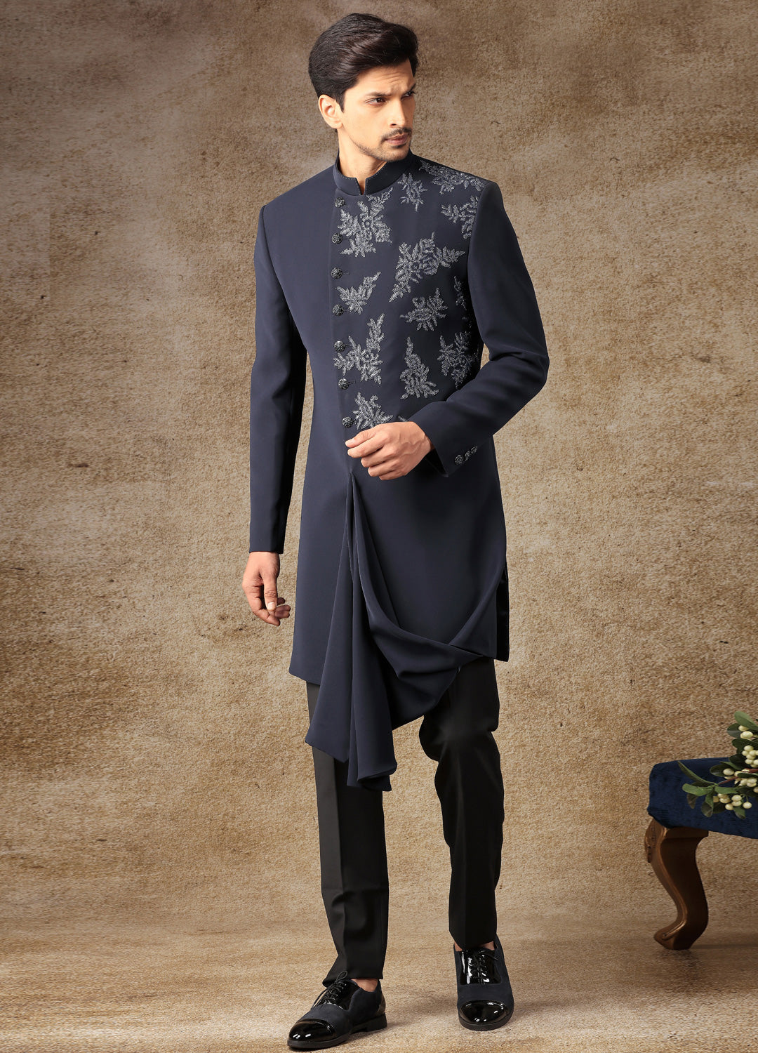 Space Blue Asymmetric Indo-Western Set