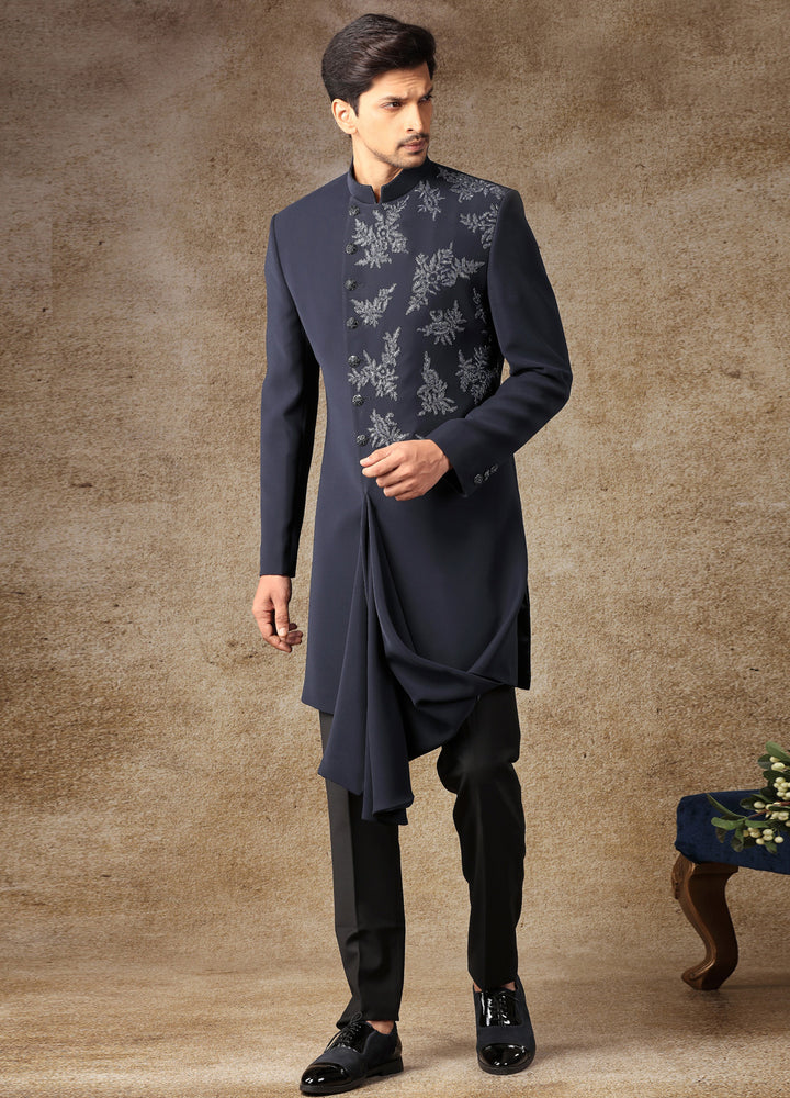 Space Blue Asymmetric Indo-Western Set