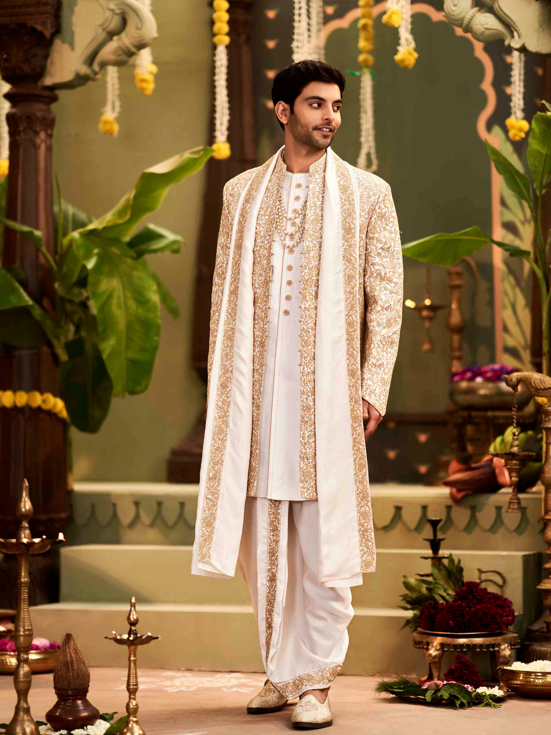 Muhurtham set with embroidery work on Alika, Kurta, Dupatta, and Dhoti - KORANM