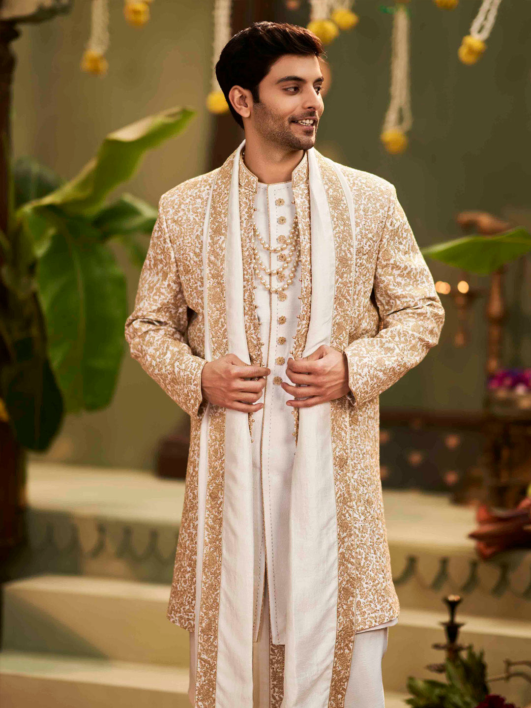 Muhurtham set with embroidery work on Alika, Kurta, Dupatta, and Dhoti - KORANM