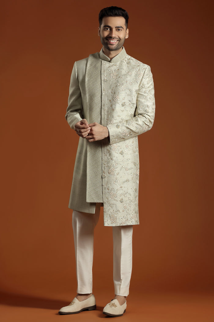 Shades Of Gold Pure Raw Silk Sherwani Set