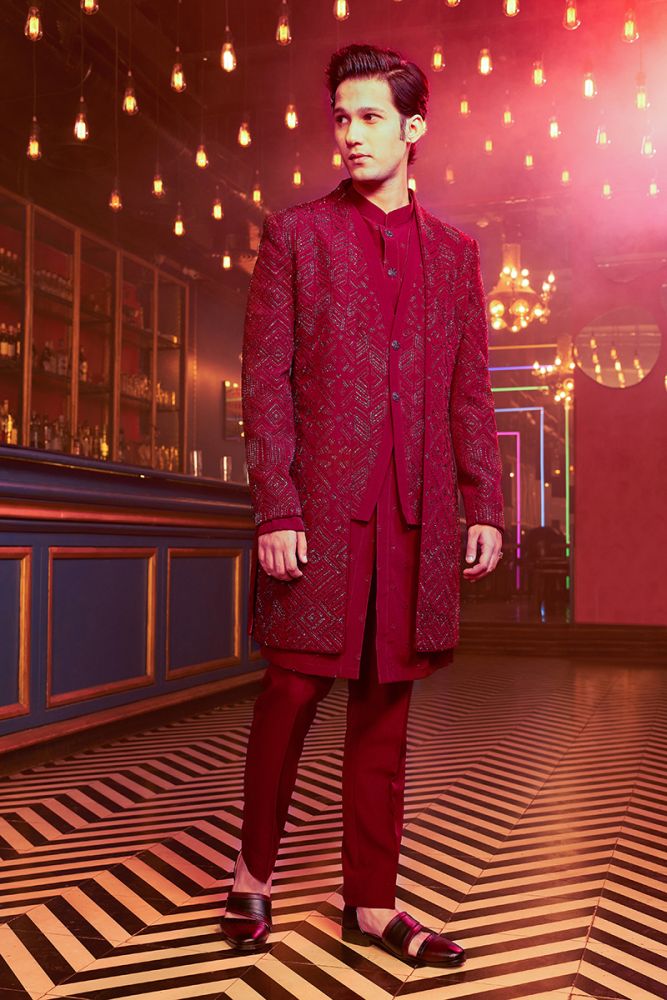 Sangria Wine Embellished Cocktail Sherwani Set