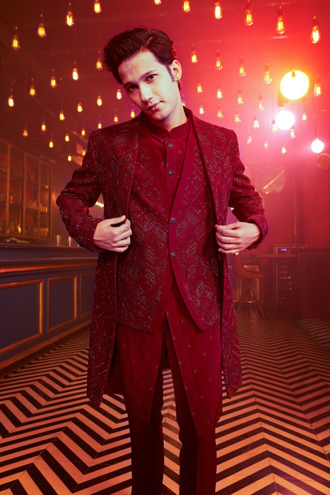 Sangria Wine Embellished Cocktail Sherwani Set